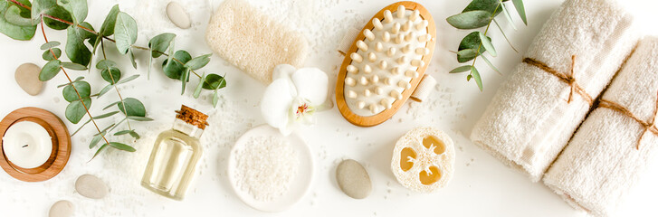 Keuken achterwand Schoonheidssalon Spa concept with eucalyptus oil and eucalyptus leaf extract natural /organic spa cosmetics products, eco friendly bathroom accessories. Skincare concept on white background. Flat lay composition   © K.Decor