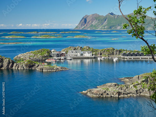Fjord seascape view at the famous tourist attraction Hamn Village, Senja island, Troms county - Norway