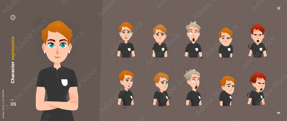 Cartoon Woman Character Expressions. Face Emotional and Body Gesture - obrazy, fototapety, plakaty 