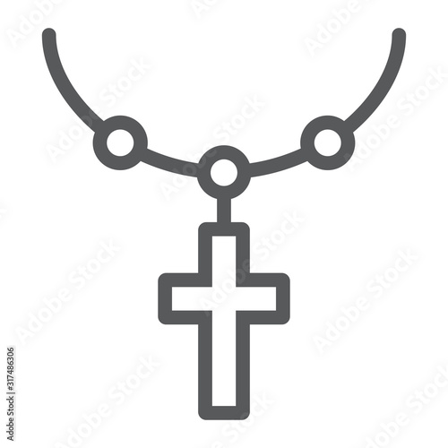 Rosary catholic faith line icon, religion and prayer, necklace with cross sign, vector graphics, a linear pattern on a white background, eps 10.