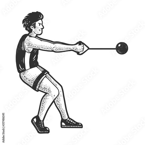 Hammer throw athlete sketch engraving vector illustration. T-shirt apparel print design. Scratch board imitation. Black and white hand drawn image.