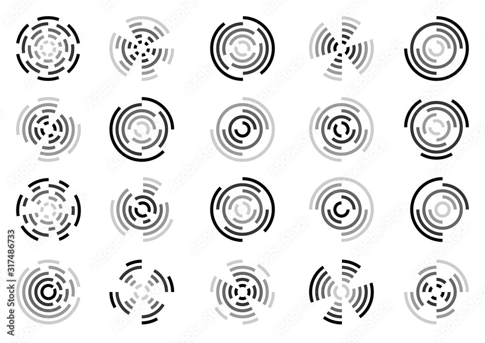 Set of icons of fireworks and explosions of a circular shape using eccentric circles and their segments Set of icons of fireworks and explosions of a circular shape using eccentric circles and their segments