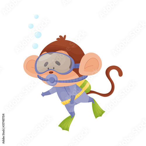 Monkey Wearing Diving Suit Snorkeling Underwater Vector Illustration