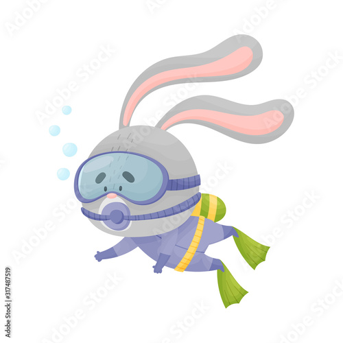 Hare Wearing Diving Suit Snorkeling Underwater Vector Illustration