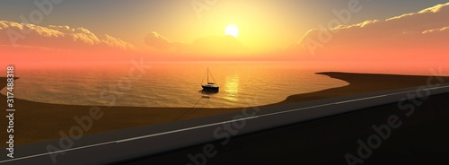 Road at sunset near the sea, panorama of sea sunset over the road, 3D rendering © ustas