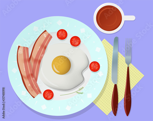 A Healthy morning breakfast. Omelette. Appetizing fried eggs with fried bacon, cherry tomatoes and herbs. Fragrant tea. White dishes and silver cutlery, a knife with a fork. Vector. View from above.