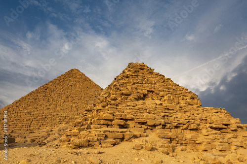 Famous great Giza Pyramids in sand desert in Cairo.