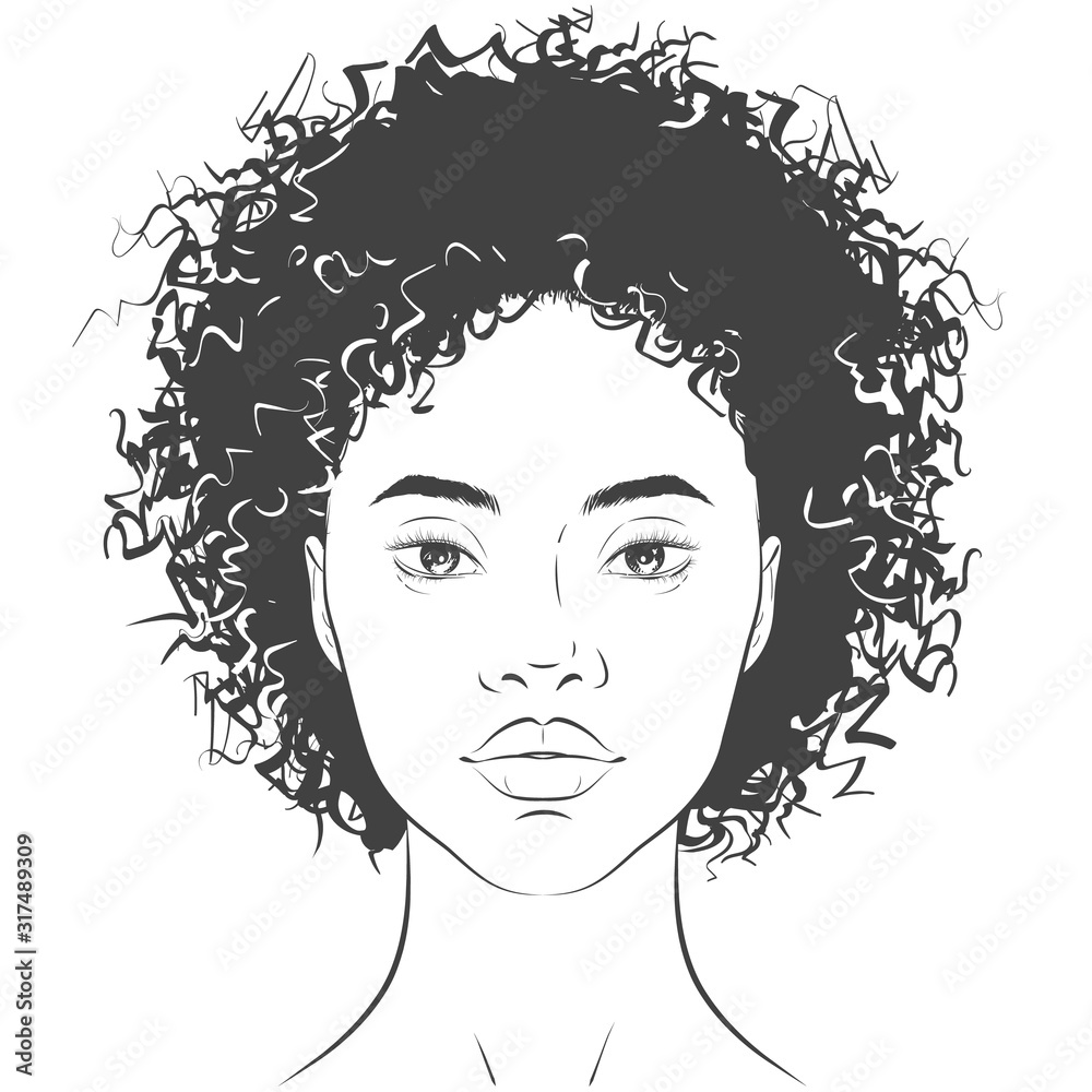 Vector African American dark-skinned woman face with healthy skin and curly hair. Vector African American dark-skinned woman face with healthy skin and curly hair.