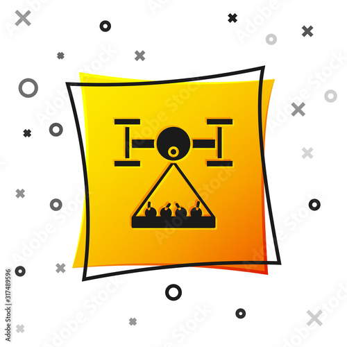 Black Smart farm with drone control collects harvest icon isolated on white background. Innovation technology for agricultural company. Yellow square button. Vector Illustration