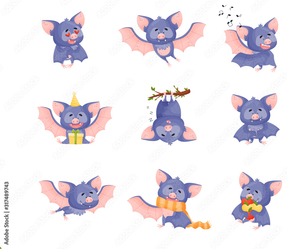 Obraz premium Funny Purple Bat Character in Different Poses Vector Set