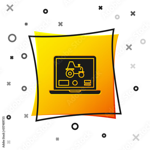 Black Laptop application for control a autonomous tractor on a smart farm icon isolated on white background. Smart agriculture implement. Yellow square button. Vector Illustration