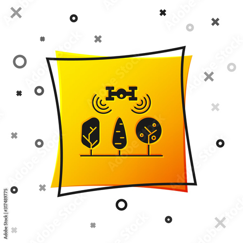 Black Smart farm with drone control and tree icon isolated on white background. Innovation technology for agricultural company. Yellow square button. Vector Illustration
