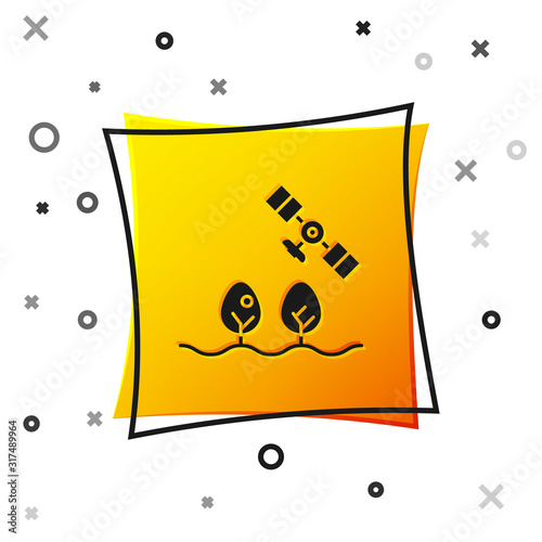 Black Smart farm with drone control and tree icon isolated on white background. Innovation technology for agricultural company. Yellow square button. Vector Illustration