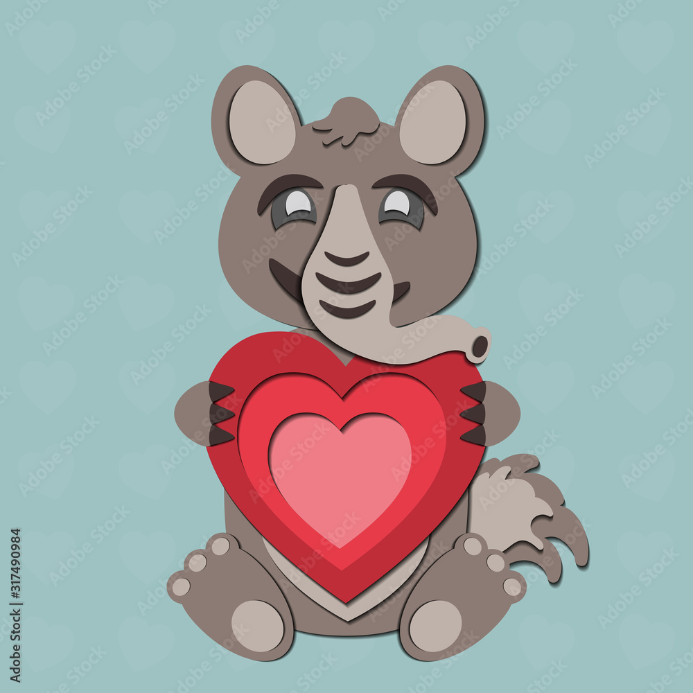 A Valentine's Day vector drawing of a cute paper cut out anteater holding a red heart in its paws. The animal is gray-brown on a blue background. A Valentine's Day vector drawing of a cute paper cut out anteater holding a red heart in its paws. The animal is gray-brown on a blue background.