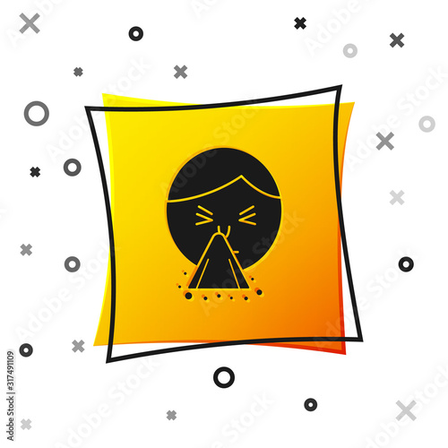 Black Man holding handkerchief or napkin to his runny nose icon isolated on white background. Coryza desease symptoms. Yellow square button. Vector Illustration