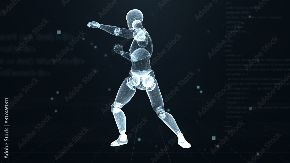 Human puppet are boxing in virtual 3d digital space with futuristic white hud. X-ray scan. Side view. Human puppet are boxing in virtual 3d digital space with futuristic white hud. X-ray scan. Side view.