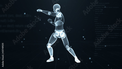 Human puppet are boxing in virtual 3d digital space with futuristic white hud. X-ray scan. Side view. © Ivan