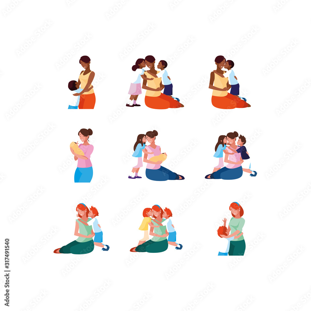 Set of mothers and kids vector design Set of mothers and kids vector design