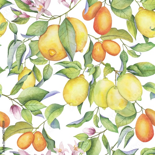 Colorfull watercolor hand drawing lemons pattern 