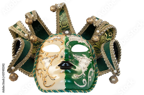 Green theatrical mask on a white background