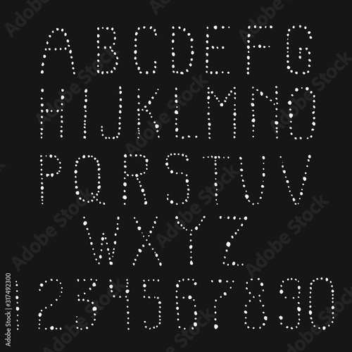 Handwritten capital letters. Modern decorative font. Letters and numbers are made up of dots of different sizes.