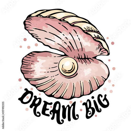 Open shell with pearl vector illustration with lettering