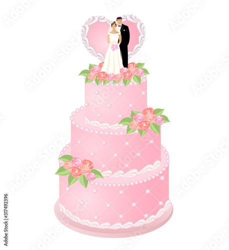 Wedding cake decorated cream roses and heart and bride and groom figurines married couple on top. Vector illustration.