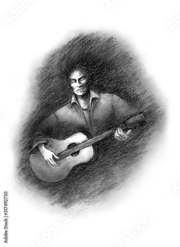 Guitar player hand drawn charcoal drawing. Musicians series.
