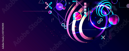 Vector 3d futuristic neon space background with planets and geometric elements abstraction