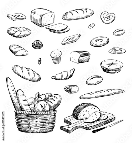 Outline baking, bread, croissant, puff. Hand drawn illustration converted to vector