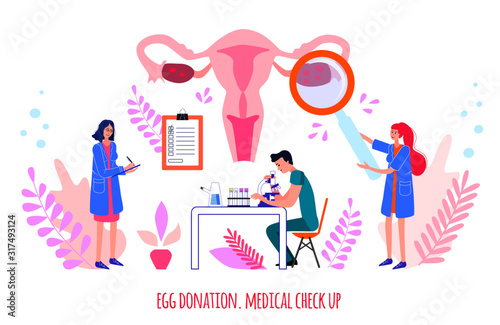 Egg donation. Medical check up. Doctors make check up of woman reproductive system in hospital. Vector illustration.