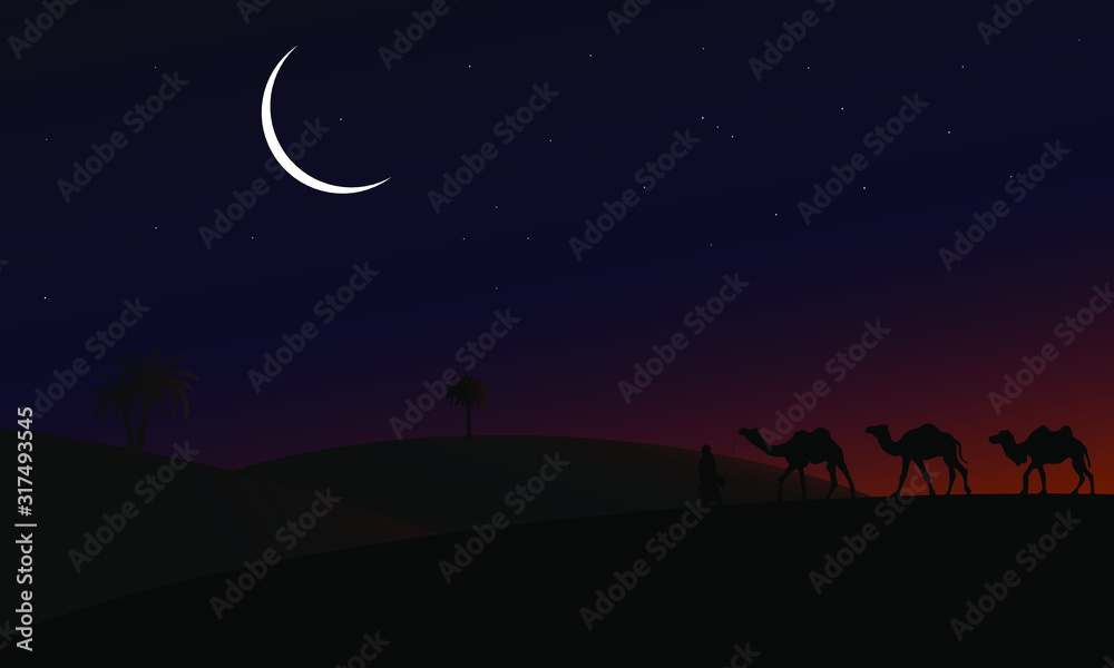 Illustration of traveler with three camels walking in the middle of the desert at sunset.