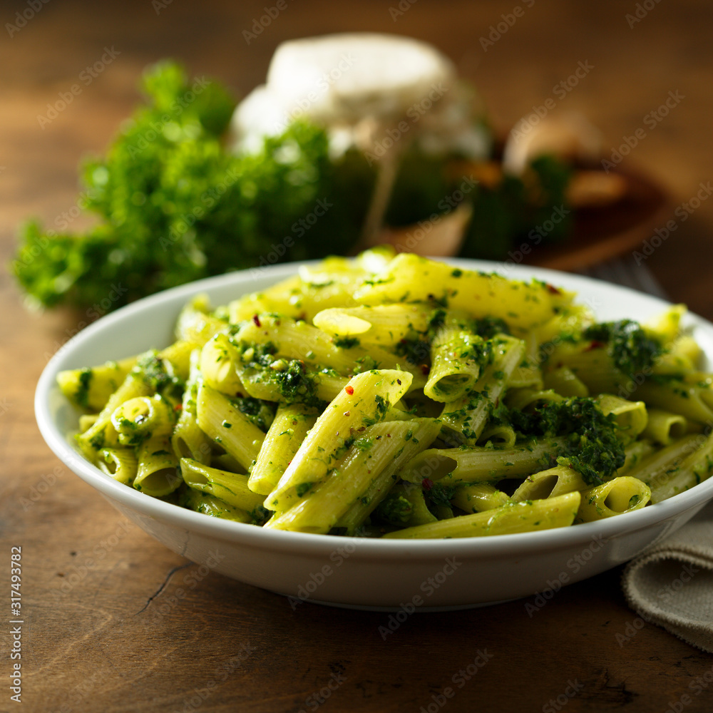 Pasta with homemade pesto sauce