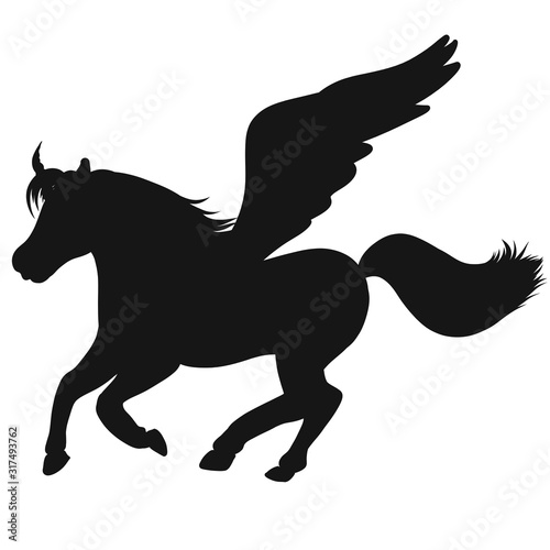 black silhouette of a galloping winged unicorn