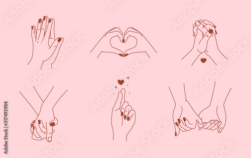 Vector set of abstract logo design template in simple linear style - holding hands gestures