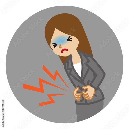 Businesswoman suffering from stomach ache - flu symptom clip art, circular icon