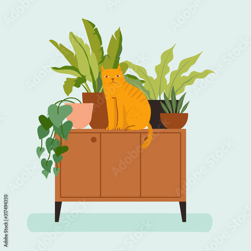 Vector illustration in flat trendy style - simple minimal interior with green decorative houseplants in pots and planters and cat - urban jungle illustration
