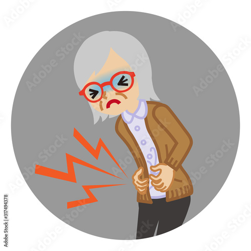 Senior woman suffering from stomach ache - flu symptom clip art, circular icon
