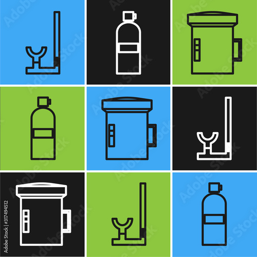 Set line Snorkel, Big flashlight for diver and Aqualung icon. Vector