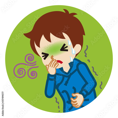 Toddler boy suffering from nausea - flu symptom clip art,  circular icon