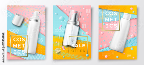 Vector 3d realistic cosmetic bottles mockup poster