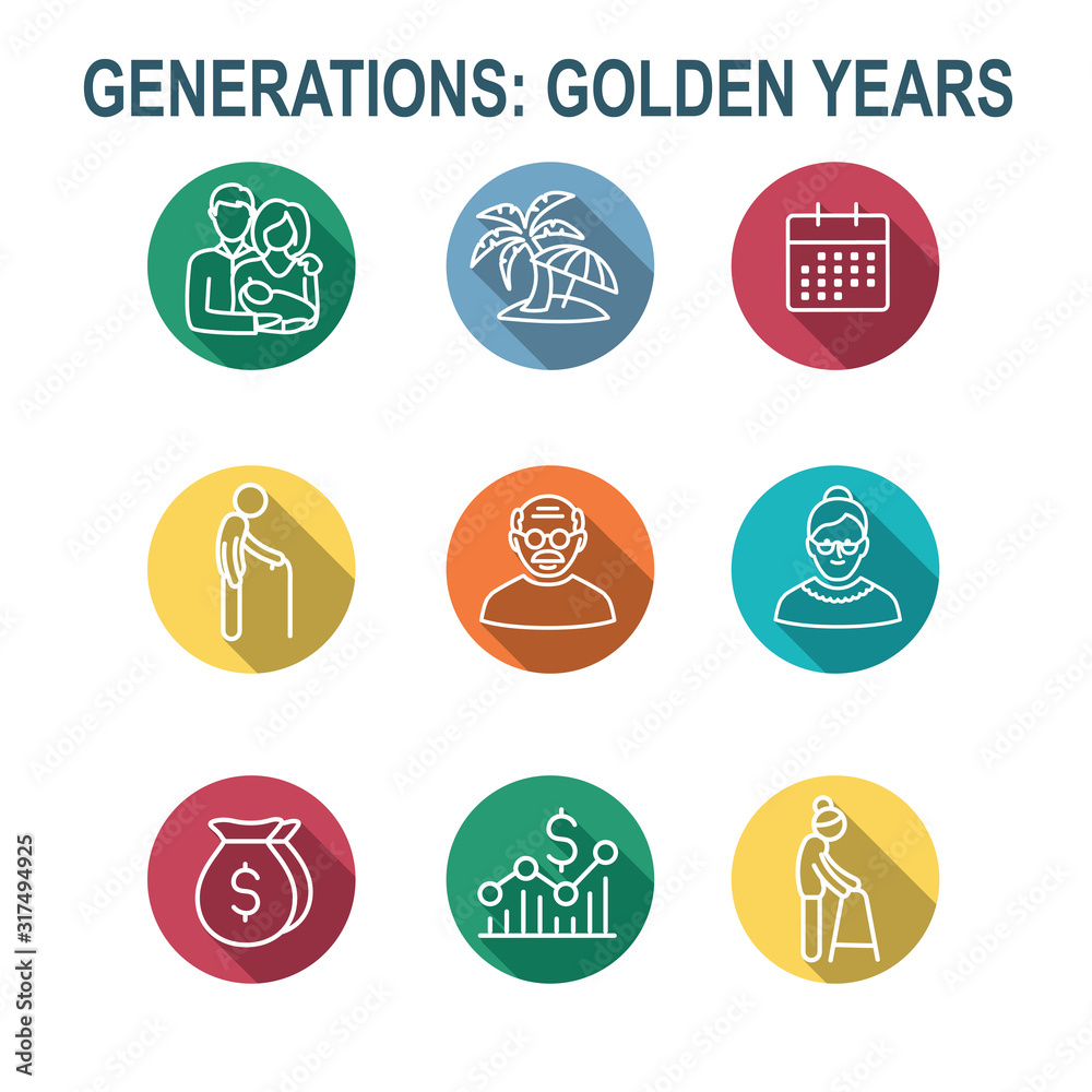 Generations - Golden Years Icon Set with retirement calendar , money, etc Generations - Golden Years Icon Set with retirement calendar , money, etc
