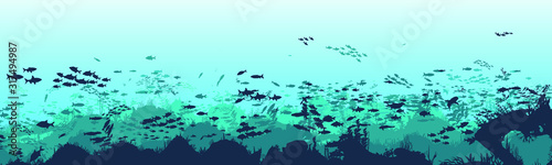 Silhouette of fish and algae on the background of reefs. Underwater ocean scene. Deep blue water, coral reef and underwater plants. a beautiful underwater scene; a vector seascape with reef.	