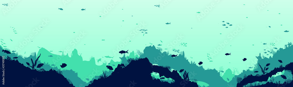 Fototapeta premium Silhouette of fish and algae on the background of reefs. Underwater ocean scene. Deep blue water, coral reef and underwater plants. a beautiful underwater scene; a vector seascape with reef. 