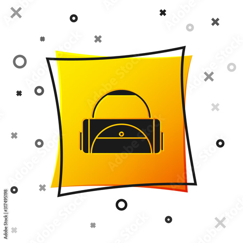 Black Sport bag icon isolated on white background. Yellow square button. Vector Illustration