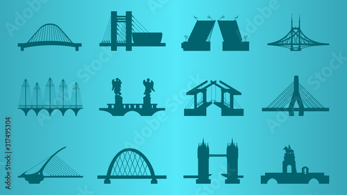 Silhouettes of bridges on blue background. Set. Separate