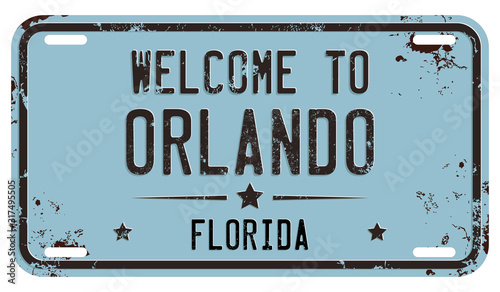 Welcome to Orlando. Vector Rusty License Plate.
