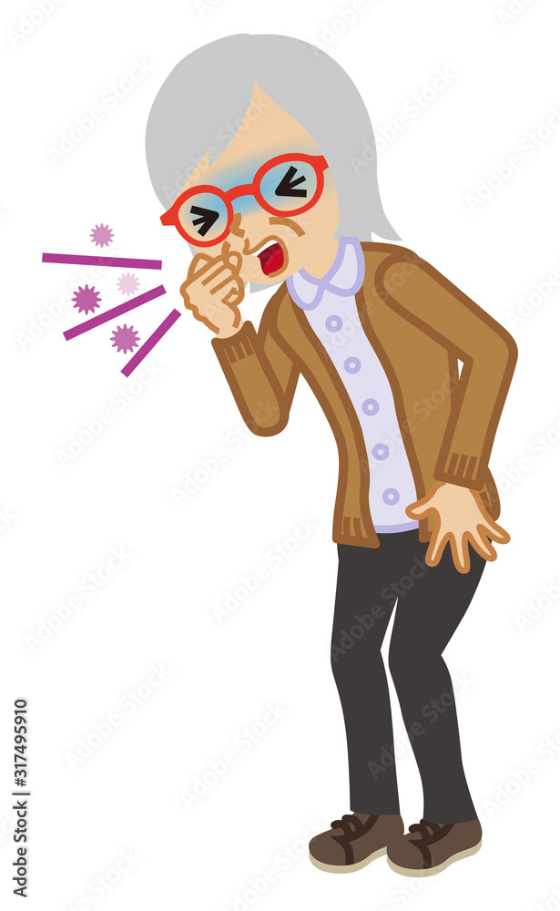 Senior woman suffering from cough - flu symptom clip art, full length Senior woman suffering from cough - flu symptom clip art, full length