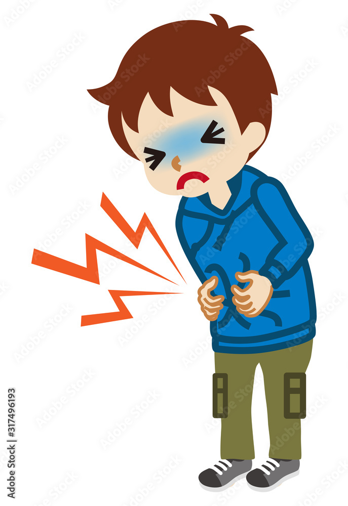 Toddler boy suffering from stomach ache - flu symptom clip art, full length Toddler boy suffering from stomach ache - flu symptom clip art, full length