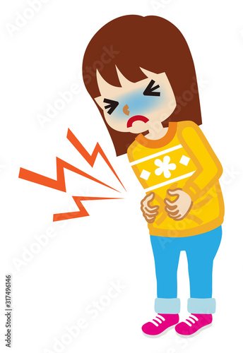 Toddler girl suffering from stomach ache - flu symptom clip art, full length